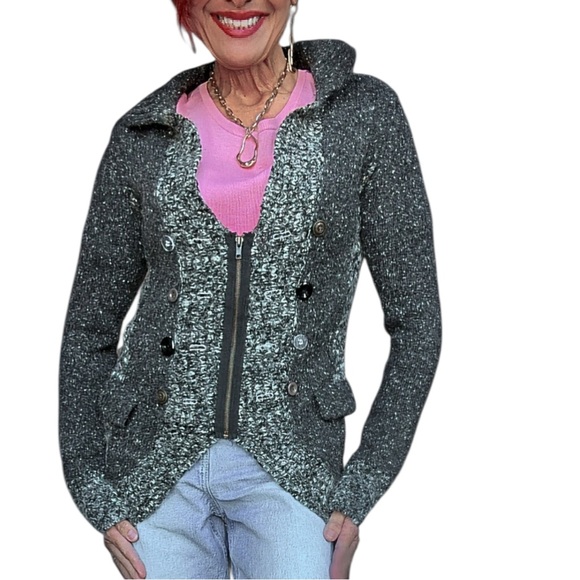 BKE Charcoal Tweed Wool Blend Y2K Motto Military Style Cardigan Cozy Sweater - Picture 1 of 12